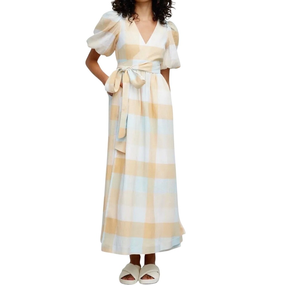Significant Other Stella Check Cotton Maxi Dress Yellow Blue Puff‎ Sleeve  8 New